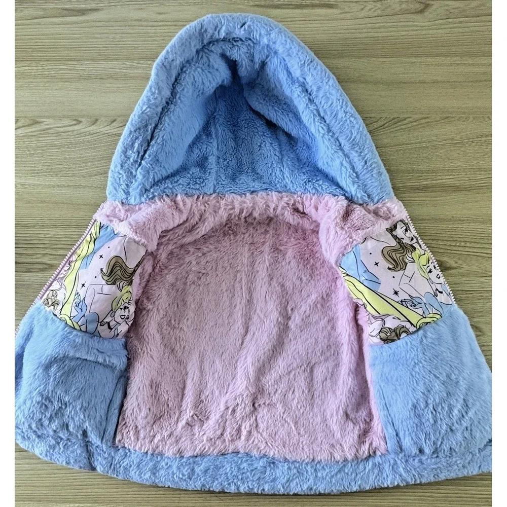 Disney Princess Reversible Puffer Jacket Girls 2T Pink Blue Faux Fur Hooded Coat